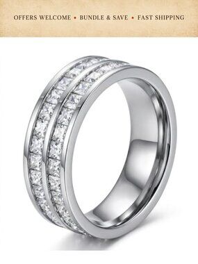 Cubic Zirconia Eternity Band Ring Stainless Steel Wedding Promise Ring